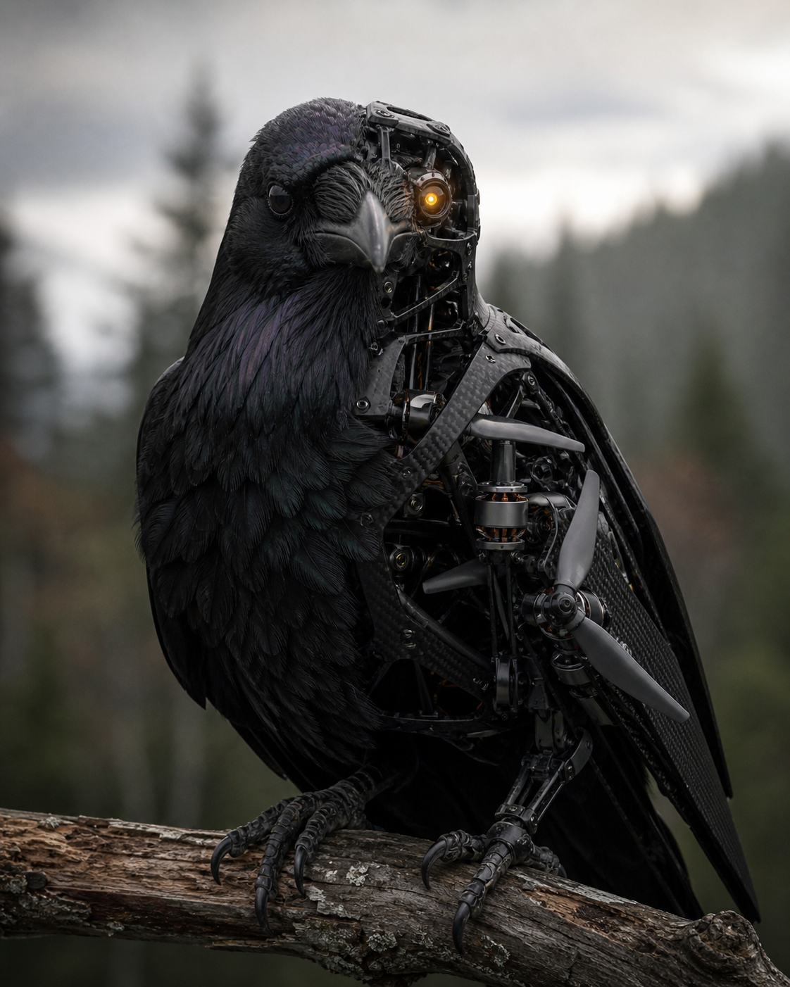 Muninn — close-up of the mechanical raven, one amber eye lit, perched on a branch.